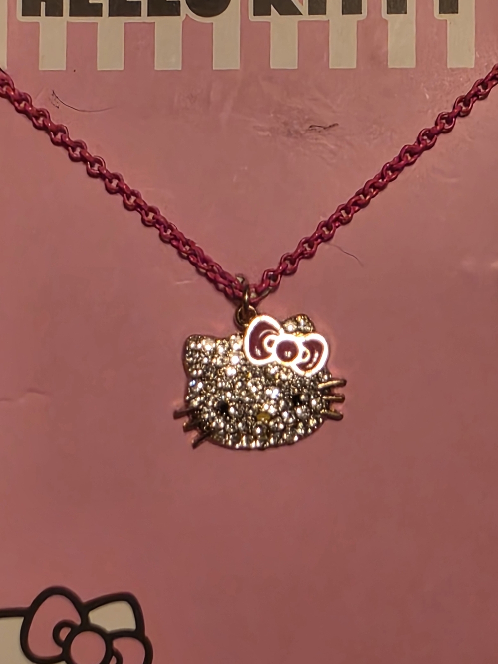 Hello Kitty 1" Wide Pink Crystal Pendant On A Pink Chain Necklace